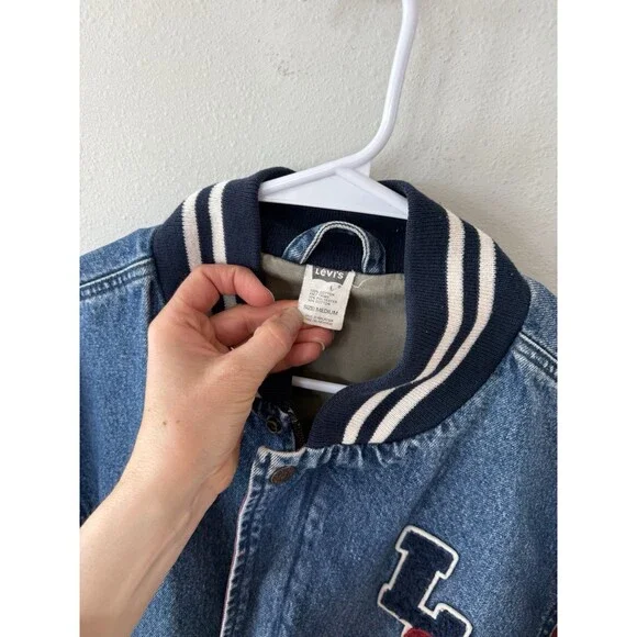 Vtg 80s 90s Levi's Denim Varsity Jacket Medium Sports Letterman Jean Blue - Picture 4 of 6